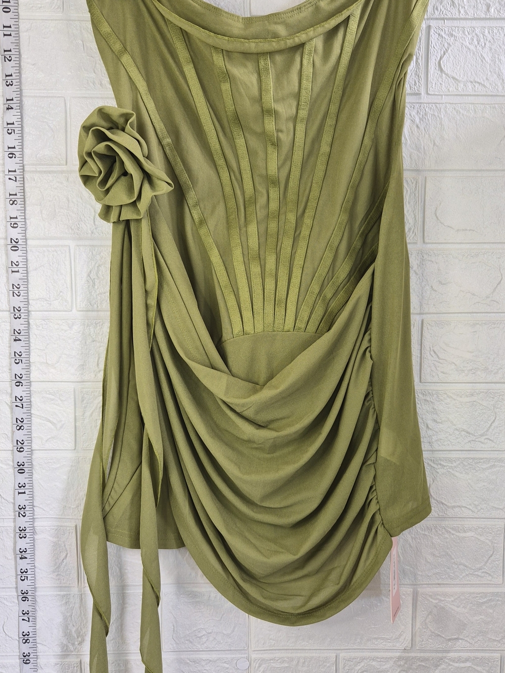 Strapless Sage Green Corset Bodice Dress Vertical Stitch Draped Skirt Flower L